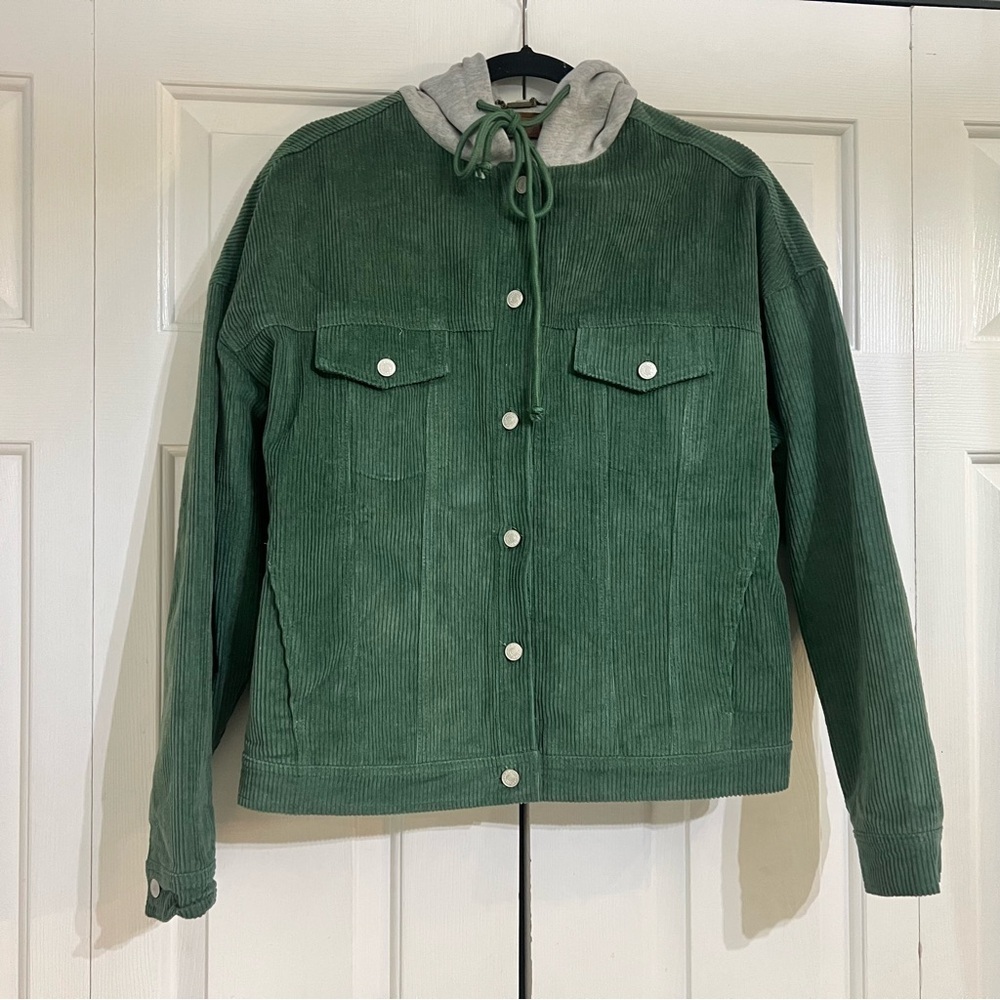 POL Corduroy Jacket Coat Green Hooded Womens Size Medium Lined Gray - Picture 3 of 6